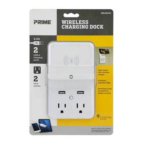 Prime Wire and Cable Wireless Charging Dock, 2-Outlet w/2-Port 2.4A USB Charger (2.4A)