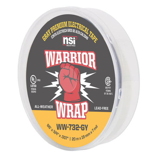 NSI Industries WW-732-GY WarriorWrap Premium Medium 3/4 in. x 66 ft. 7 mil Vinyl Electrical Tape, Grey