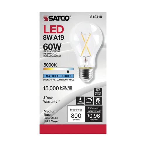 Satco Products S12418 8A19/CL/LED/E26/950/120V