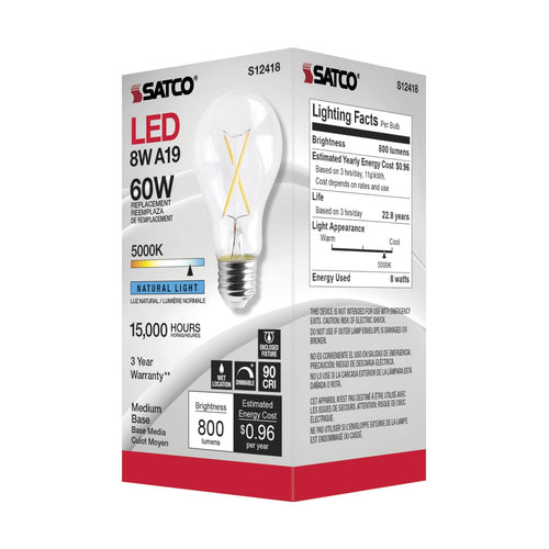 Satco Products S12418 8A19/CL/LED/E26/950/120V